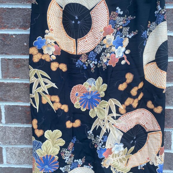 Vintage Clio Skirt Sz 10 Black Floral Umbrella Print Midi Asian Inspired Boho - Picture 6 of 14